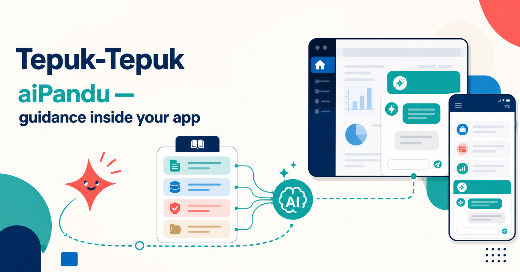 Illustration showing trusted RAG knowledge flowing into aiPandu guidance embedded in desktop and mobile apps